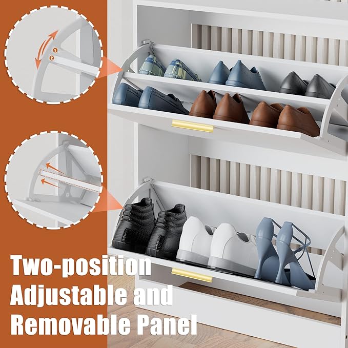 JOZZBY Shoe Cabinet for Entryway, Narrow White Shoe Storage Cabinet with 2 Flip Drawers, Wooden Hidden Shoe Rack Organizer with 2 Tier Freestanding for Hallway, Living Room, Set of 2