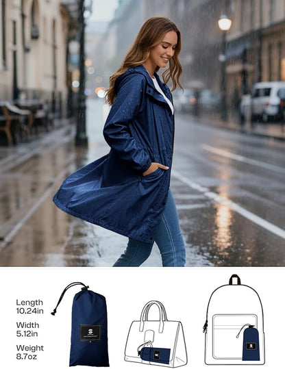 SaphiRose Women's Lightweight Long Rain Jacket Packable Raincoat Hooded Outdoor Trench Coats