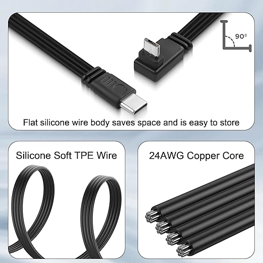 Flexible USB Type-C to Micro USB Cable,90 Degree Micro 5pin to USB C Flat Data Cable,Type C-to-Micro Short Flat Cable Supporting Charging& DataTransfer,for Phone,Camera,Laptop-30CM(Up)