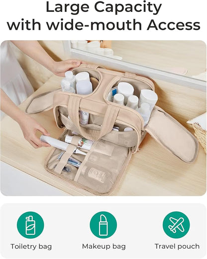 BAGSMART Travel Toiletry Bag, Puffy Toiletry Bag for Women, Wide-open toiletry bags for traveling, Large Travel Cosmetic Makeup Bag Organizer for Accessories,Toiletrie (Khaki)