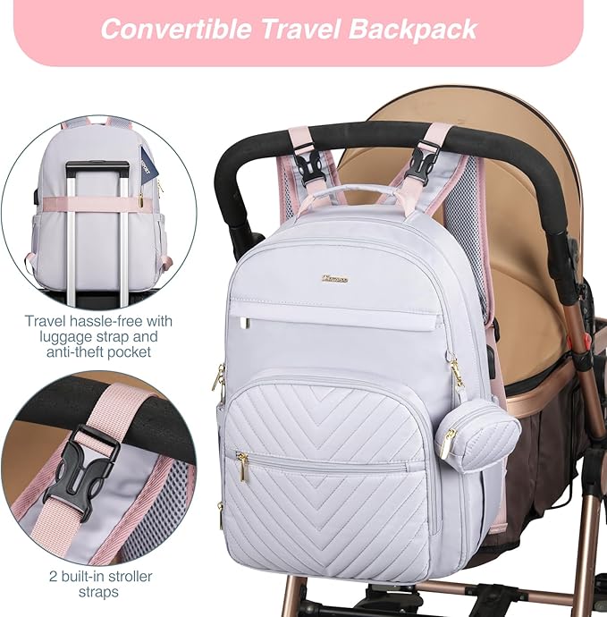 MOMUVO Diaper Bag Backpack, Quilted Baby Bag with Changing Pad and Stroller Straps and Pacifier Case, Multifunction Waterproof Travel Diaper Bags, Unisex