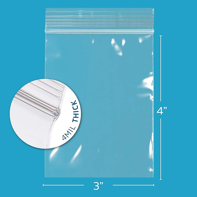 CLEAR PLASTIC REUSABLE ZIP BAGS - Bulk GPI Pack of 500, 3" x 4" 4mil Thick Heavy Duty, Strong & Durable Poly Baggies with Resealable Zip Top Lock For Travel, Storage, Packaging & Shipping.