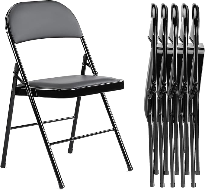 Folding Chairs 2 Pack, Portable Stackable Commercial Chair, Indoor Outdoor Padded Leather Chair with Sturdy Metal Frame, for Home, Office, or Party Events. (Black, 6 Pack)