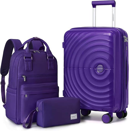 LARVENDER Carry On Luggage Set 22x14x9 Airline Approved, Expandable 20 Inch Carry-On Suitcases With Wheels, Lightweight Luggage Sets 3 Pieces With Backpack, Grape Purple