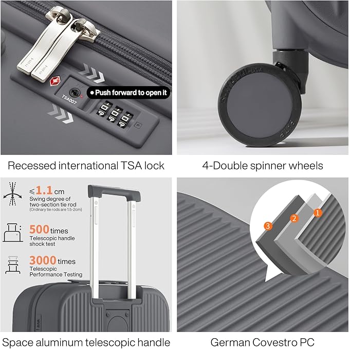 mixi Checked Luggage with Cup Phone Holder Hard Shell Rolling Travel Suitcase with Spinner Wheels,26 Inch Rock Grey