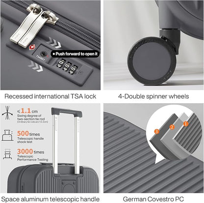 mixi Carry On Luggage with Cup Phone Holder Hard Shell Rolling Travel Suitcase with Spinner Wheels,20 Inch Rock Grey