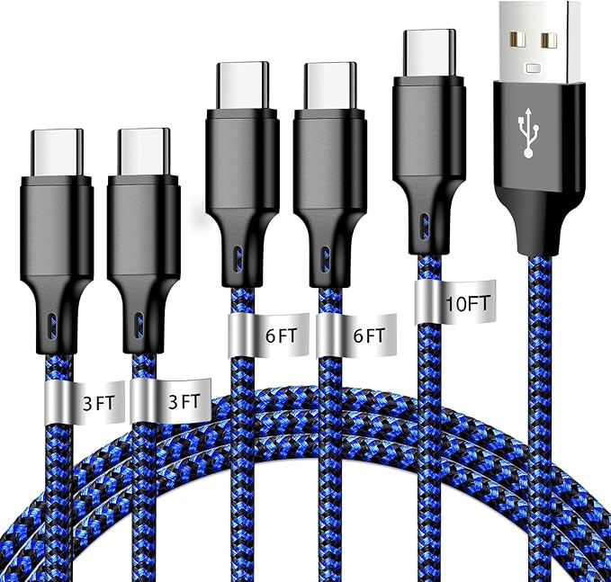 USB A to USB C Charger Cable, 5 Pack [3/3/6/6/10ft] Type C Fast Charging Cord High Data & Transfer Wire Compatible for iPhone 17/16/15/Pro/Plus/Pro Max iPad Pro Air ps5 Controller Samsung (BlackBlue)