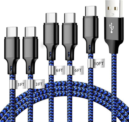 USB A to USB C Charger Cable, 5 Pack [3/3/6/6/10ft] Type C Fast Charging Cord High Data & Transfer Wire Compatible for iPhone 17/16/15/Pro/Plus/Pro Max iPad Pro Air ps5 Controller Samsung (BlackBlue)