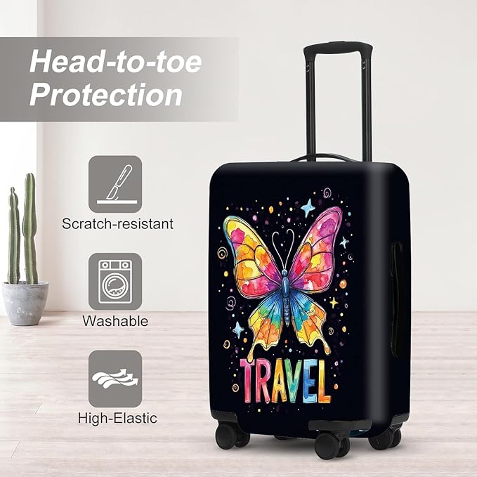 Colorful Butterfly Stars Suitcase Cover, UV Resistant Stretchable Luggage Protector, Travel Gear for Women, Vibrant Vacation Accessories Gifts