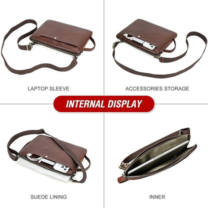 Top Grain Leather 14.2" Slim Laptop Bag Case, Handmade, Adjustable Strap & 2 Pockets, Compatible with MacBook Pro 14 inch 2021 2022 M1 Pro/M1 Max A2442 & Other PC, Red Coffee 14.2 Inch