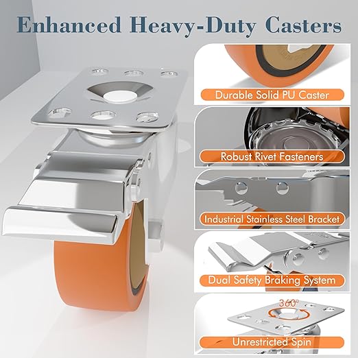 3 Inch 304 Stainless Steel Caster Wheels with Brake, Set of 2, 360° Swivel Rust-Resistant Industrial Casters for Kitchen, Restaurant, Lab, Hospital, Furniture, Workbench