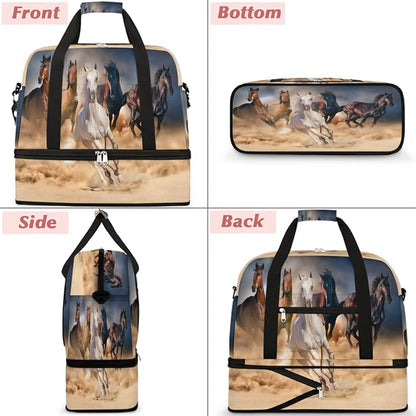 Running Horse Foldable Travel Duffel Bag, Expandable Sports Gym Bag with Shoes Compartment Weekender Overnight Totes Bags for Women Men