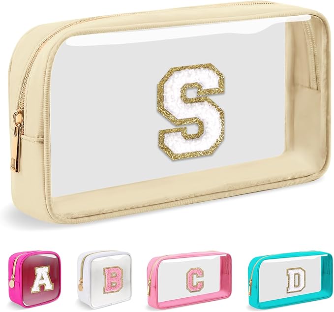 Small Clear Personalized Initial Makeup Bag,Nylon Preppy A-Z Chenille Letter Patch Cosmetic Pouch Beach Toiletry Bag,Waterproof Zipper Travel Purse Storage Bag Organizer for Women Girls(Beige-White S)