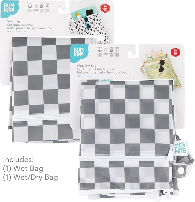 Bumkins - Waterproof Wet and Wetdry Bags - For Beach, Baby, Travel, Swim Suit, Cloth Diapers, Pump Parts, Pool, Gym, Toiletries - Reusable & Easy to Clean - Gray Check - 2 Pack