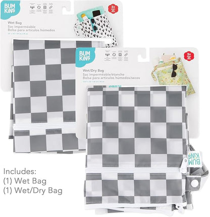 Bumkins - Waterproof Wet and Wetdry Bags - For Beach, Baby, Travel, Swim Suit, Cloth Diapers, Pump Parts, Pool, Gym, Toiletries - Reusable & Easy to Clean - Gray Check - 2 Pack