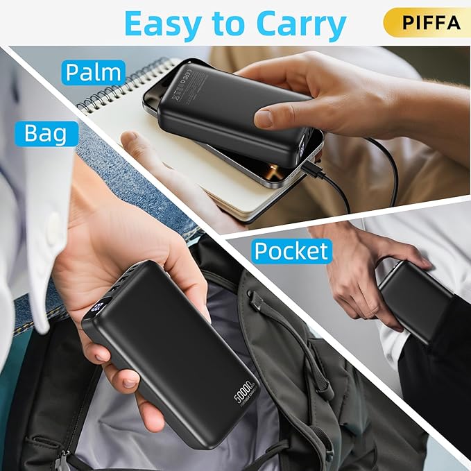 PIFFA 50000mAh Portable Charger Power Bank,22.5W Fast Charging Portable Phone Charge USB-C PQ3.0 QC4.0,LED Display, Battery Pack for iPhone 17/16/15 Pro Samsung Google, for Travel Camping Essential
