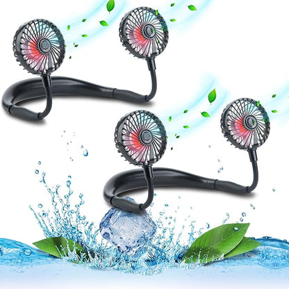 VAGAU Portable Cooling Neck Fan, Rechargeable USB Personal Neck Fan with Colorful LED lights, 360° Rotation, Wearable Neck Fan Air Conditioner for Office Travel Sport, 3 Adjustable Speeds（2 Pack）