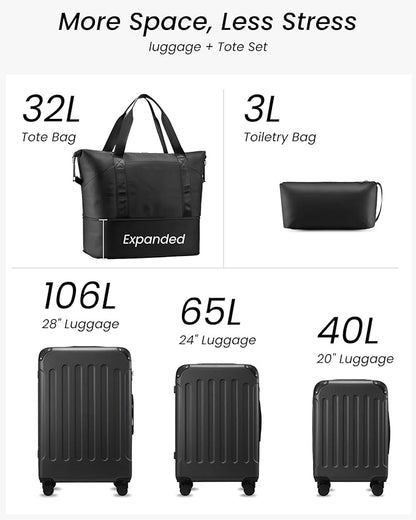 Luggage Sets 5 Piece, Hardside Suitcase with Wheels, TSA Approved, Black