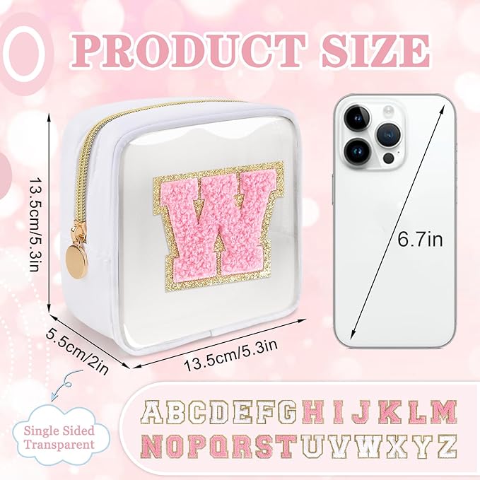Iqimott Mini Clear Personalized Initial Makeup Bag, Small Preppy A-Z Chenille Letter Patch Cosmetic Pouch, Transparent PVC & Nylon Waterproof Zip Beach Toiletry Bag,Gift for Women Girls(White-Pink W)