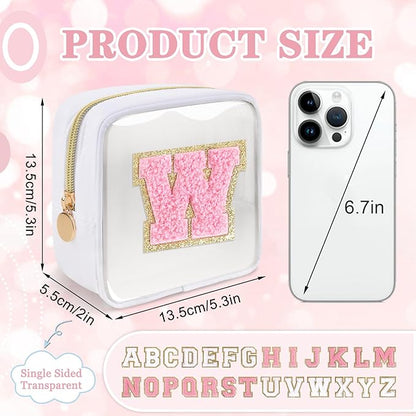 Iqimott Mini Clear Personalized Initial Makeup Bag, Small Preppy A-Z Chenille Letter Patch Cosmetic Pouch, Transparent PVC & Nylon Waterproof Zip Beach Toiletry Bag,Gift for Women Girls(White-Pink W)