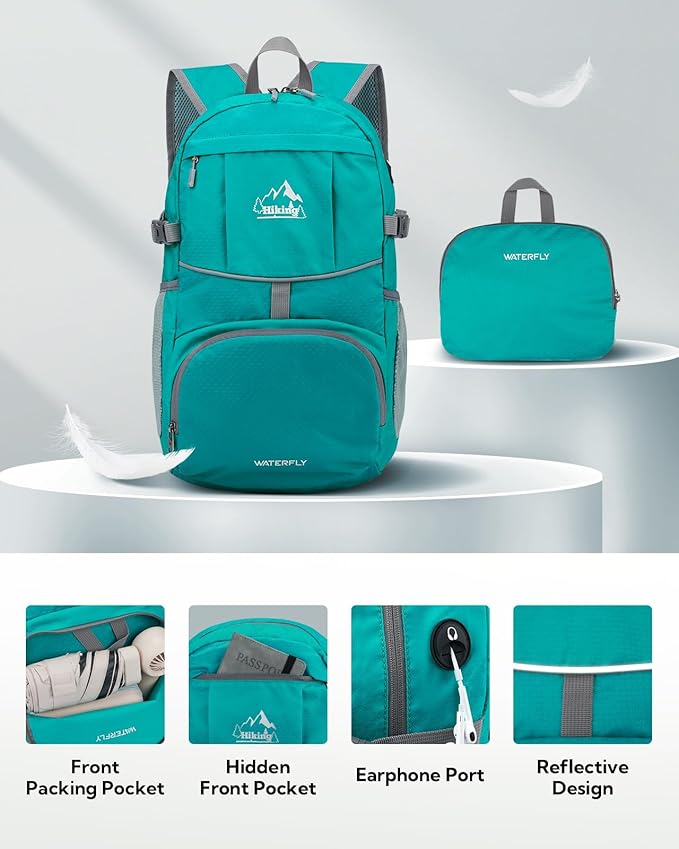 WATERFLY Hiking Packable Daypack Backpack: 25L Ultra Lightweight Day Pack for Woman Man - Small Compact Folding Back Pack for Outdoor Sport Cycling Camping Travel Trip - Turquoise