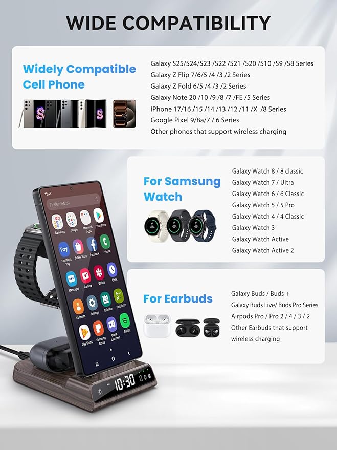 Wireless Charger for Samsung Charging Station with Clock for Samsung Galaxy S25 Ultra/S24 Ultra/Z Flip 7/ZFold6/Galaxy Bud, 3 in 1 Charger Station Watch Charger for Galaxy Watch 8/7/6/5Pro(Wood Grain)