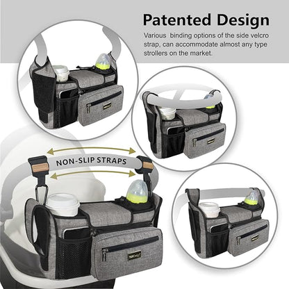 TOPDesign Universal Baby Stroller Organizer, Stroller Caddy with Heightened Insulated Cup Holders & Non-Slip Secure Hooks Accessories, Fits Most Strollers, Machine Washable (Green)