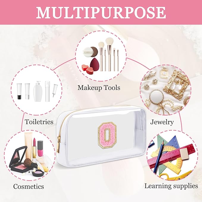 Small Clear Personalized Initial Makeup Bag, Preppy Nylon A-Z Chenille Letter Patch Makeup Organizer TSA Approved Travel Toiletry Bag,Waterproof Zip Beach Cosmetic Pouch Purse for Women(White-Pink O)