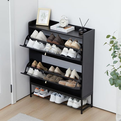 RARZOE Fluted Shoe Cabinet for Entryway with 2 Flip Drawers, Narrow Wood Shoe Cabinet with Fluted Panel, Slim Hidden Shoe Organizer Closed Shoe Rack with Metal Legs for Foyer,Hallway(31.5''Black)