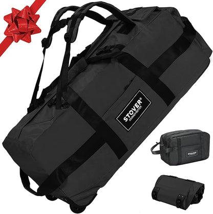 STOVER 100L Rolling Duffel Bag with Wheels, X-Large Durable Travel Duffle + Toiletry Bag, Heavy Duty, Packable with Shoulder Straps- Use as Luggage or Backpack, Men/Women (Black)