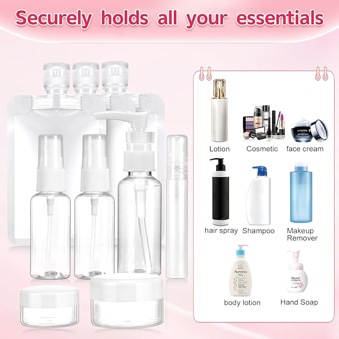 9-Pack Travel Bottles Set, Leak-Proof Refillable Containers with Clear Zipper Bag for Toiletries, Skincare, Shampoo, Lotion TSA Approved Mini Makeup Cosmetic Organizer Pouchfor Women Travel Essentials