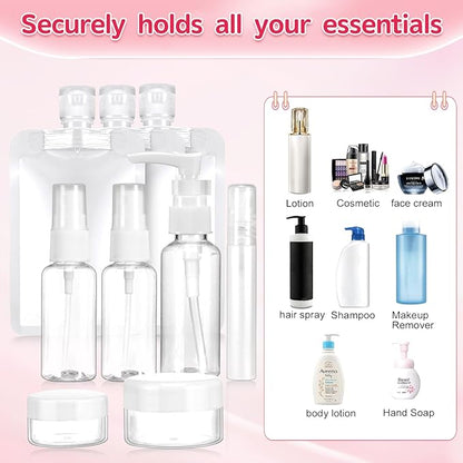 9-Pack Travel Bottles Set, Leak-Proof Refillable Containers with Clear Zipper Bag for Toiletries, Skincare, Shampoo, Lotion TSA Approved Mini Makeup Cosmetic Organizer Pouchfor Women Travel Essentials