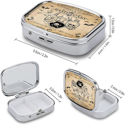 Metal 2 Compartment Pill Organizer Travel Friendly Portable Compact Pill Box Cute Pill Case to Hold Vitamins,Fish Oil,Supplements,Meds,Tablet for Purse,Pocket. (Bottles and Skeletons)