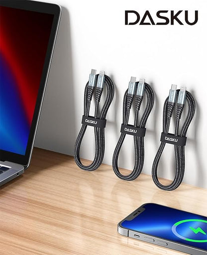 Dasku iPhone Cable Fast Charging 6FT USB C Lightning Cable 3 Pack 6 Foot Nylon Braided Type C Lightning Cord Compatible with iPhone 14 13 12 11 Pro Max Mini 8 Plus SE iPad and More
