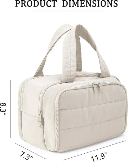 Travel Toiletry Bag for Women, Large Wide-open Puffy Cosmetic Makeup Bag with Wet-Dry Separation, Multi-Pocket Organizer with Carry Handle for Toiletries, Cosmetics, Essentials, Beige