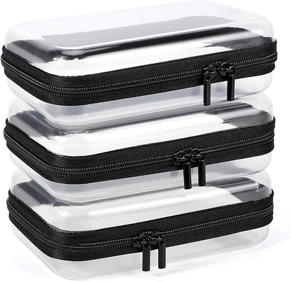 3 Pack Clear Hard Shell Zipper Case, Clear Zipper Pouches Waterproof Makeup Organizer & Travel Toiletry Bag, Plastic Pouch for Travel Office Storage, Home, Black Small Size