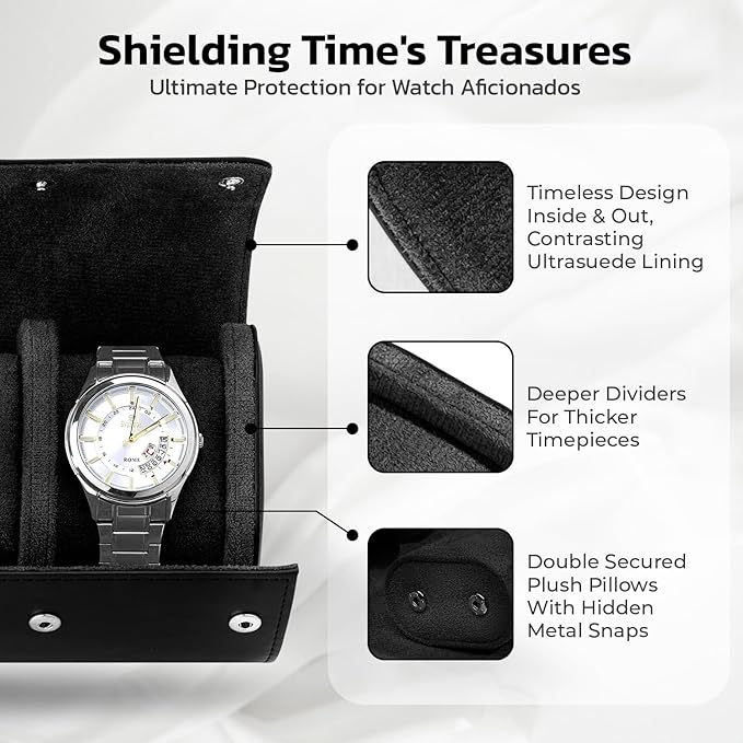W&S Watch Roll Travel Case for Men and Women with 3 Watch Storage Organizer - Secure Storage with Innovative Removable Pillows & Solid Dividers for Home, Travel and Display (Black)