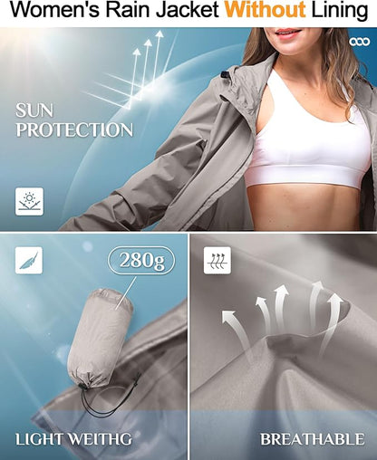 33,000ft Women's Waterproof Long Rain Coats Packable Rain Jacket with Hood Trench Coats Windbreaker