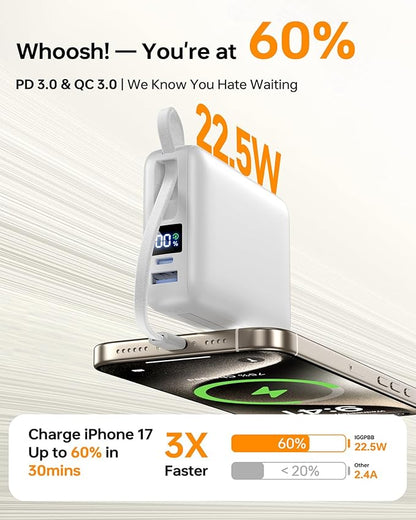 Portable Charger 50000mAh Power Bank,Portable Phone Charger with 2 Built in Cables,22.5W Fast Charging Travel Essentials Battery Pack for iPhone/iPad/MacBook/Android/Samsung Galaxy, White