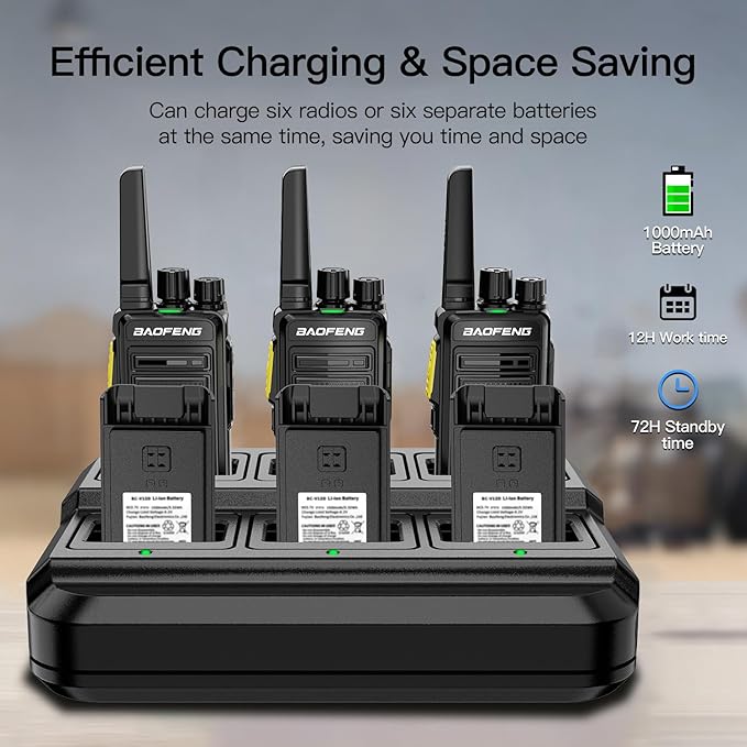 BAOFENG BD-V12B Radio 6 Pack Long Range Walkie Talkies for Adults, Portable FRS Two-Way Radios Rechargeable, with 6 Way Gang Charger,Earpiece,Typc-C Charging for School,Restaurant,Xmas Birthday Gifts