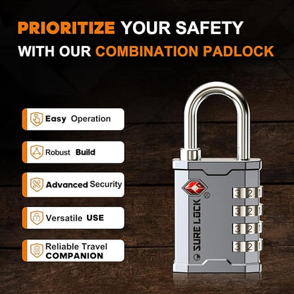 SURE LOCK TSA Accepted Combination Luggage Padlock for Gun Cases, Transporting Equipment Cases in Trade Show, Music and Medical Industries (2, Silver)