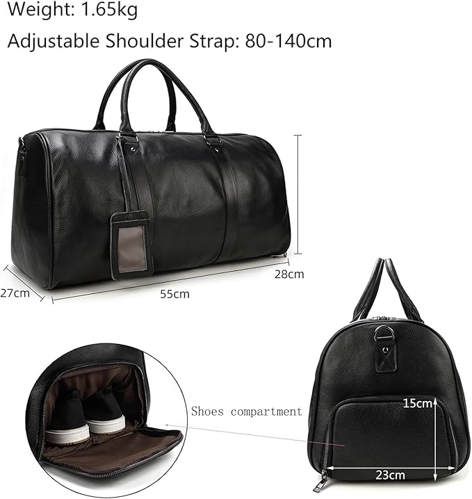 Leather Travel Bag Large Capacity Luggage Duffel Bag with Shoe Compartment, Men Women Weekend Shoulder Handbag for Holiday Business Trip (55cm-Black)