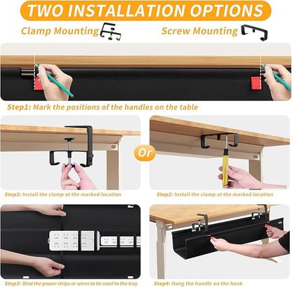 Under Desk Cable Management Tray, No Drill Desk Cord Organizer with Clamp, 28" Fabric Cable Management for Standing Desk Office & Home, Black