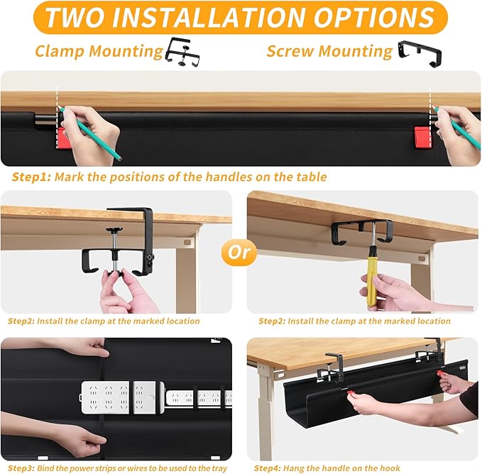 Under Desk Cable Management Tray, No Drill Desk Cord Organizer with Clamp, 36" Fabric Cable Management for Standing Desk Office & Home, Black