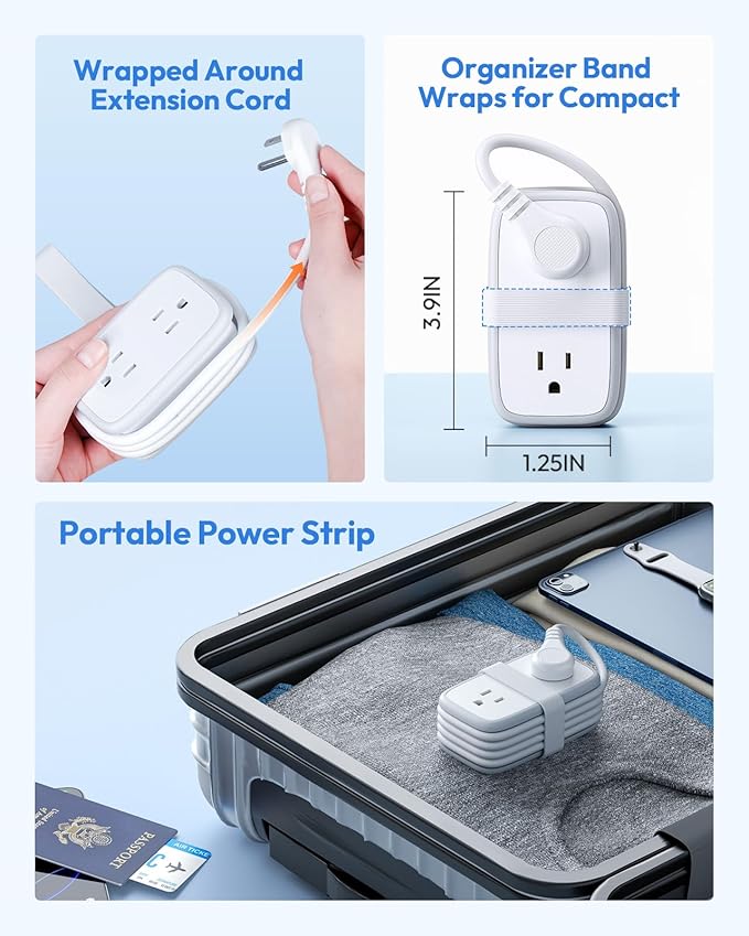 NTONPOWER 20W Travel Power Strip, Travel Essentials 4 Outlets 3 USB(1 USB-C) with 4FT Wrapped Extension Cord Flat Plug, Vacation Essentials for Hotel Travel Camping Cruise Essentials 2025, White
