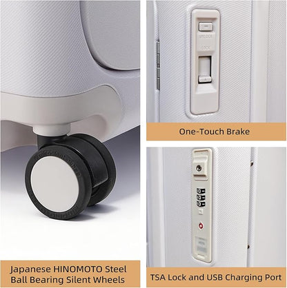 Hang Safe Carry On Luggage,PC Hard Shell Zipperless Bussiness Suitcases,21.3''x15''x9''Airline Approved,360° Spinner Wheels,TSA Locks USB Charging Port,Top Travel Seat,White
