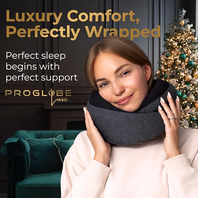 Proglobe Ash Black Memory Foam Travel Neck Pillow for Airplanes, Compact Plane Cushion for Long Flights with Soft Chin Support and Compression Bag, Comfortable Lightweight Air Travel Accessory