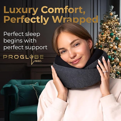 Proglobe Ash Black Memory Foam Travel Neck Pillow for Airplanes, Compact Plane Cushion for Long Flights with Soft Chin Support and Compression Bag, Comfortable Lightweight Air Travel Accessory