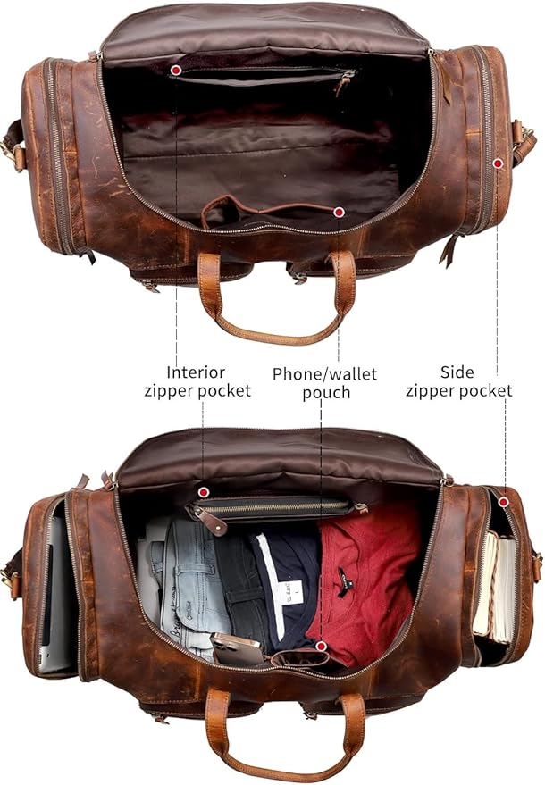28" Vintage Duffel Classic Style with Modern Outlook Retro Thick Full Grain Cowhide Handmade Airplane Underseat Carry On Bags Leather Gym Overnight Luggage Bag