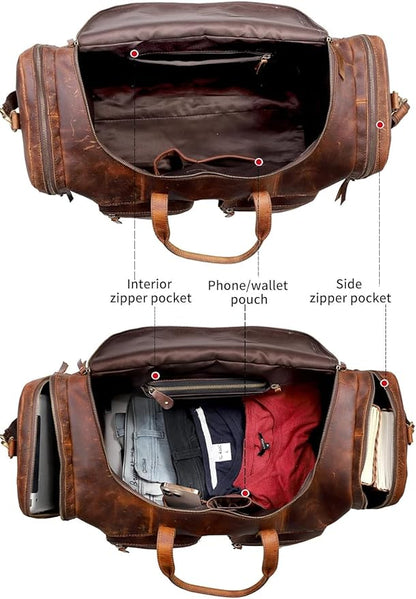 28" Vintage Duffel Classic Style with Modern Outlook Retro Thick Full Grain Cowhide Handmade Airplane Underseat Carry On Bags Leather Gym Overnight Luggage Bag